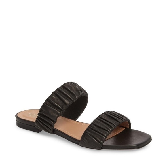 Lewit Shoes - Lewit Elena Black Leather Ruched Two Strap Flap Slide Sandals Size 39 / 8